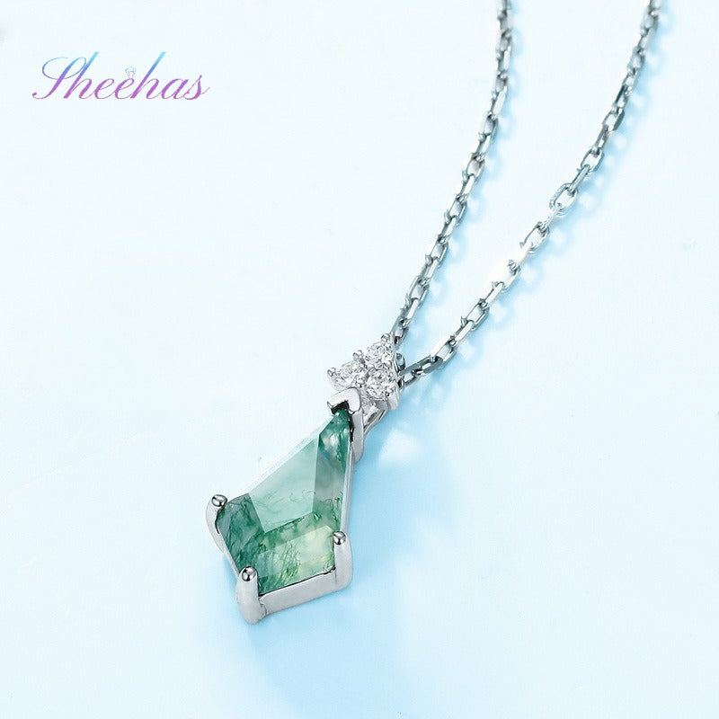 Natural Moss Agate Sterling Silver Prong-Set Rhombus Adjustable Necklace