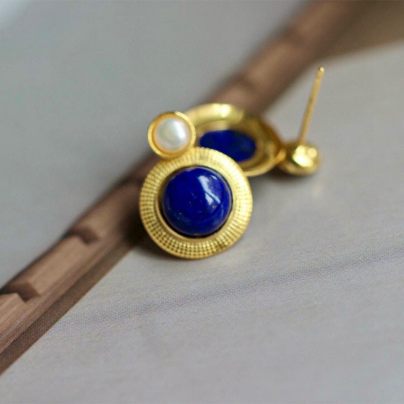Sheehas Natural Lapis Lazuli & Pearl-Inlaid Sterling Silver 18K Gold Plated Stud Earrings