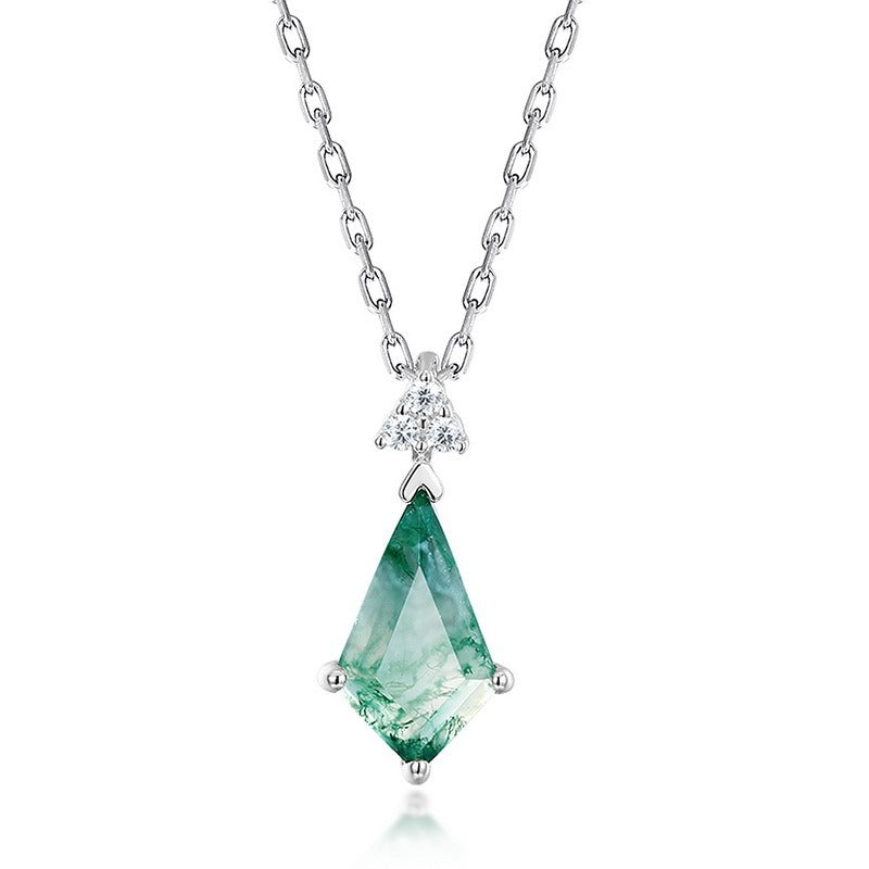 Natural Moss Agate Sterling Silver Prong-Set Rhombus Adjustable Necklace