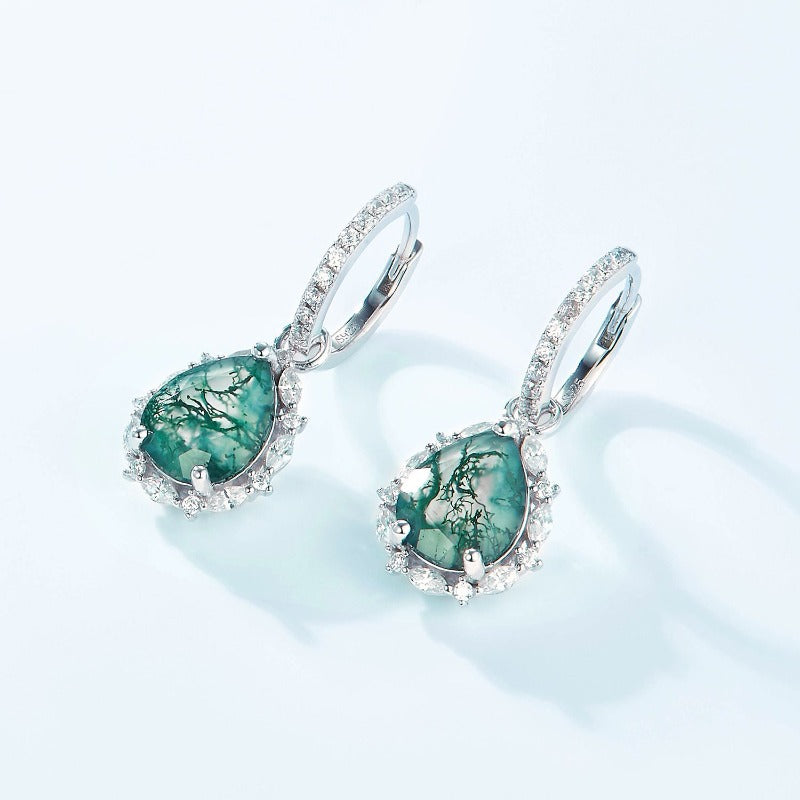 Moss Agate Sterling Silver Tearrop-shaped Diamond-encrusted Earrings