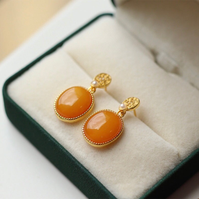 Sheehas Feng Shui Natural Amber & White Nacre Sterling Silver 18K Gold Plated Oval Cabochon Dangel Earrings - Fortune Gathering