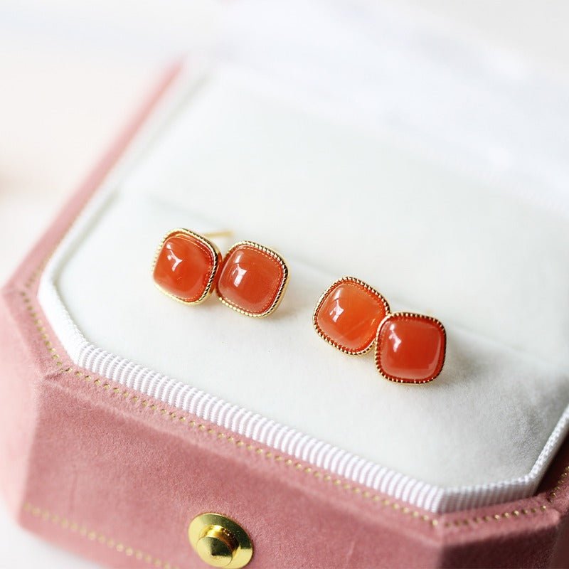 Sheehas 18K Gold Plated S925 Silver Vintage Oval Cabochon Lucky Earrings