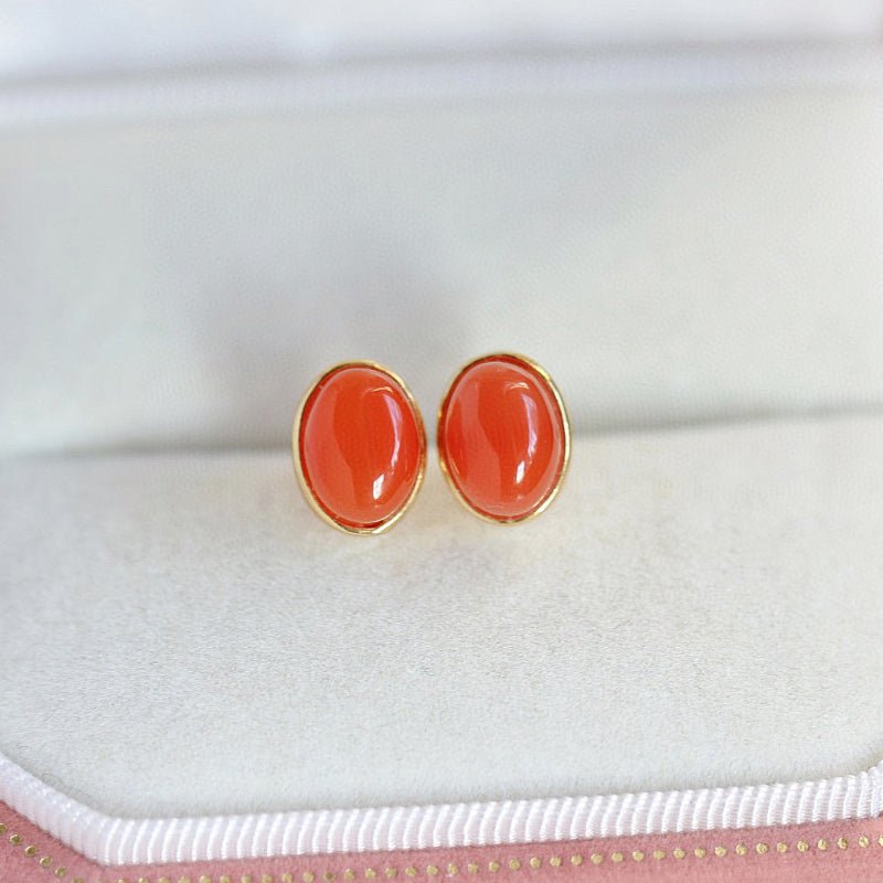 Sheehas 18K Gold Plated S925 Silver Vintage Oval Cabochon Lucky Earrings