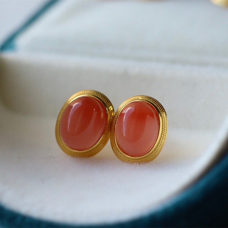 Sheehas 18K Gold Plated S925 Silver Vintage Oval Cabochon Lucky Earrings