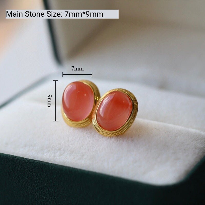 Sheehas 18K Gold Plated S925 Silver Vintage Oval Cabochon Lucky Earrings