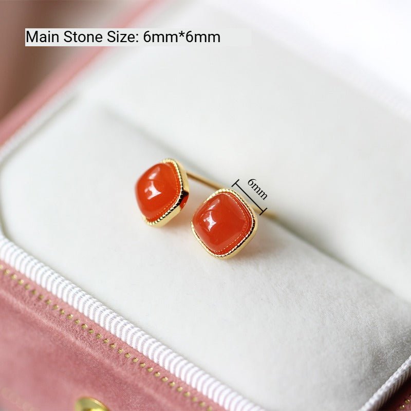 Sheehas 18K Gold Plated S925 Silver Vintage Square Cabochon Lucky Earrings
