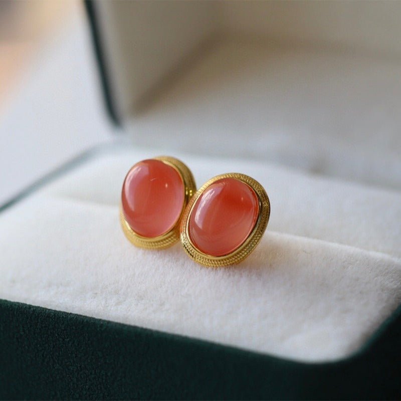 Sheehas 18K Gold Plated S925 Silver Vintage Oval Cabochon Lucky Earrings