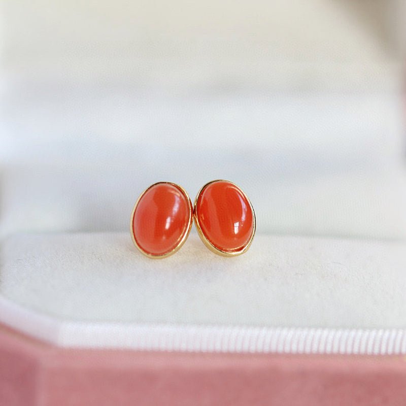 Sheehas 18K Gold Plated S925 Silver Vintage Oval Cabochon Lucky Earrings
