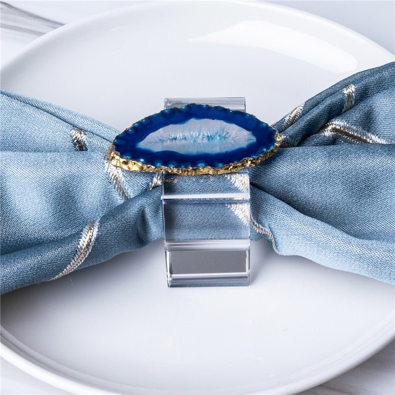 Sheehas Blue Agate with Gold - Rimmed Napkin Rings (4 pcs) - 我的商店 - tablecloth clip