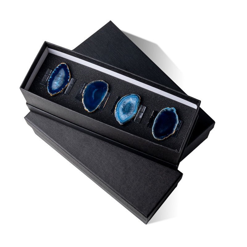 Sheehas Blue Agate with Gold - Rimmed Napkin Rings (4 pcs) - 我的商店 - tablecloth clip