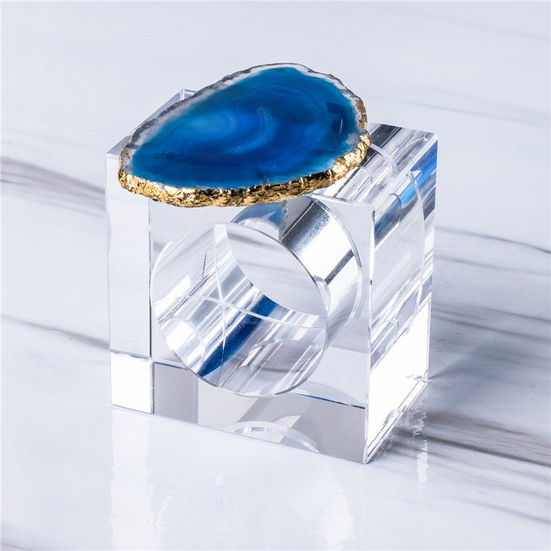 Sheehas Blue Agate with Gold - Rimmed Napkin Rings (4 pcs) - 我的商店 - tablecloth clip
