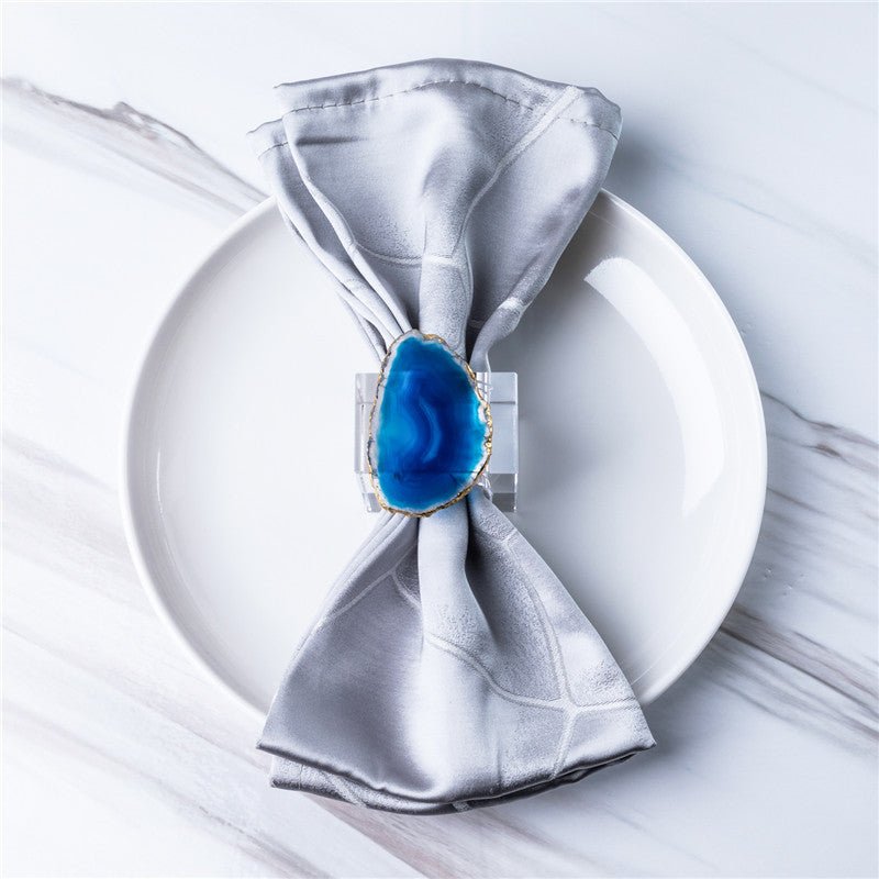 Sheehas Blue Agate with Gold - Rimmed Napkin Rings (4 pcs) - 我的商店 - tablecloth clip