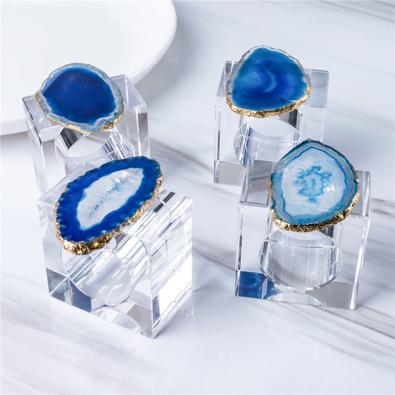 Sheehas Blue Agate with Gold - Rimmed Napkin Rings (4 pcs) - 我的商店 - tablecloth clip