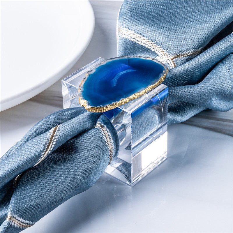 Sheehas Blue Agate with Gold - Rimmed Napkin Rings (4 pcs) - 我的商店 - tablecloth clip