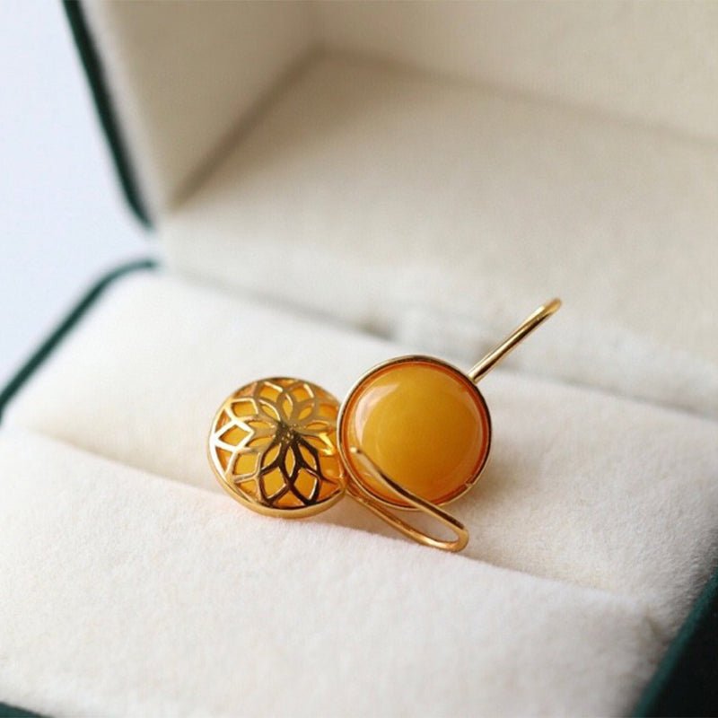 Sheehas Feng Shui Amber Sterling Silver 18K Gold Plated Mandala Pattern Round Cabochon Hook Earrings - 我的商店 -