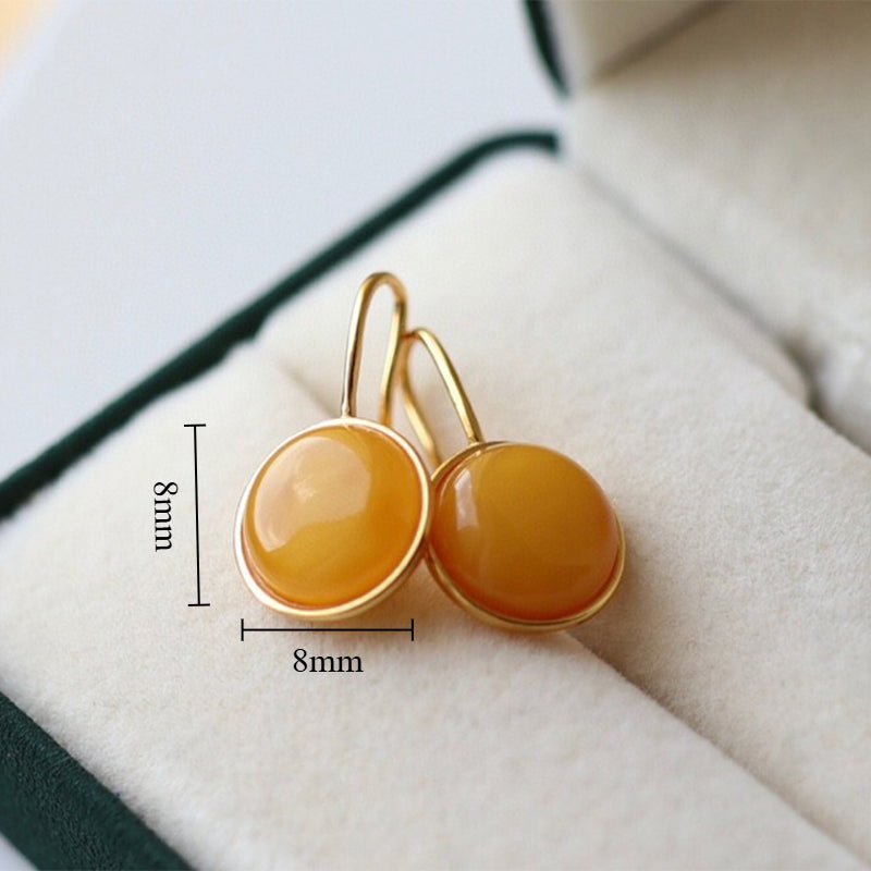 Sheehas Feng Shui Amber Sterling Silver 18K Gold Plated Mandala Pattern Round Cabochon Hook Earrings - 我的商店 -