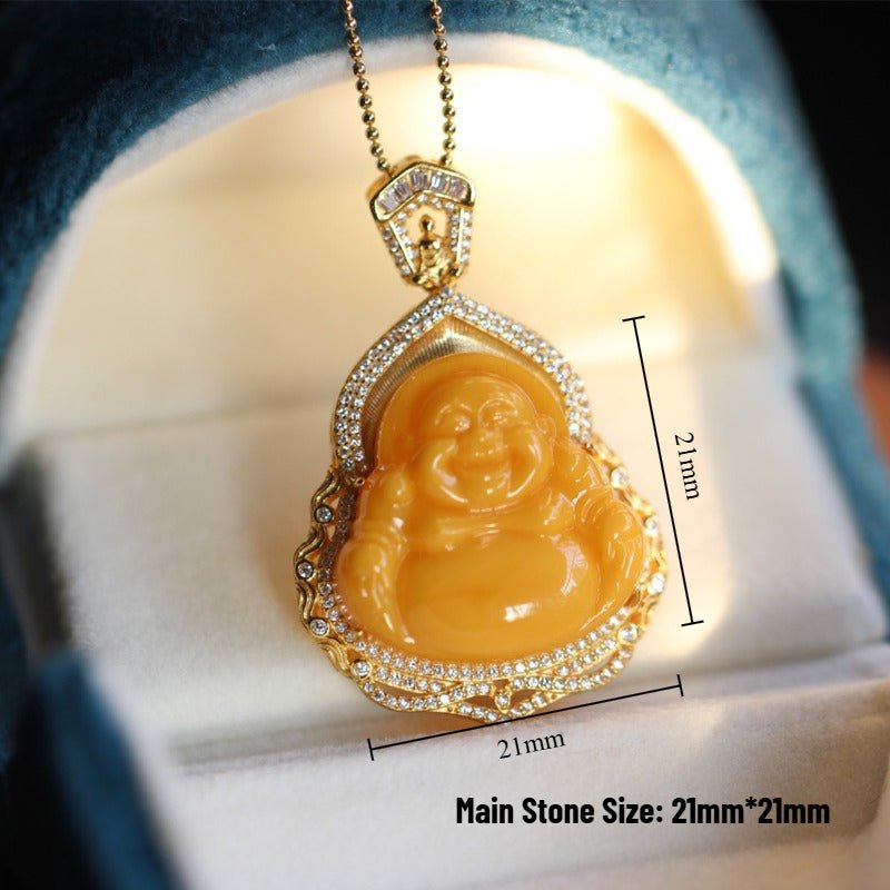 Sheehas Feng Shui High - quality Natural Amber Maitreya Buddha Sterling Silver 18K Gold Plated Pendant - 我的商店 -
