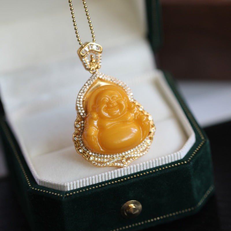 Sheehas Feng Shui High - quality Natural Amber Maitreya Buddha Sterling Silver 18K Gold Plated Pendant - 我的商店 -