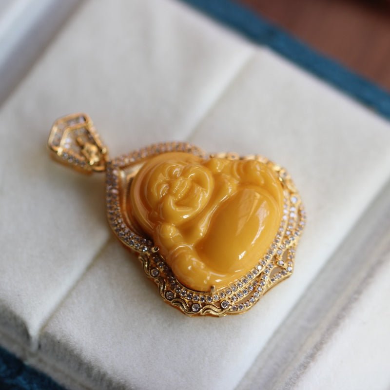 Sheehas Feng Shui High - quality Natural Amber Maitreya Buddha Sterling Silver 18K Gold Plated Pendant - 我的商店 -