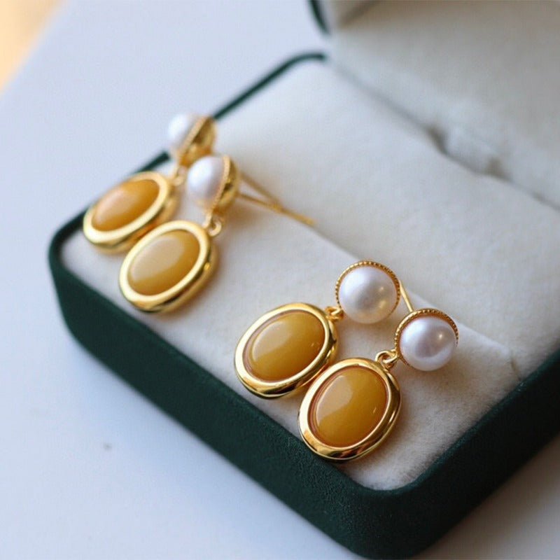 Sheehas Feng Shui Natural Amber and Pearls Sterling Silver 18K Gold Plated Earrings - 我的商店 -