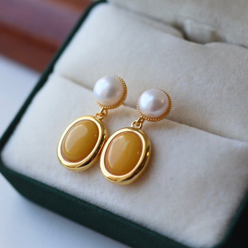 Sheehas Feng Shui Natural Amber and Pearls Sterling Silver 18K Gold Plated Earrings - 我的商店 -