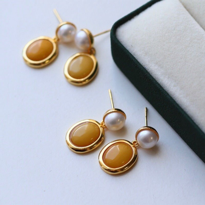 Sheehas Feng Shui Natural Amber and Pearls Sterling Silver 18K Gold Plated Earrings - 我的商店 -