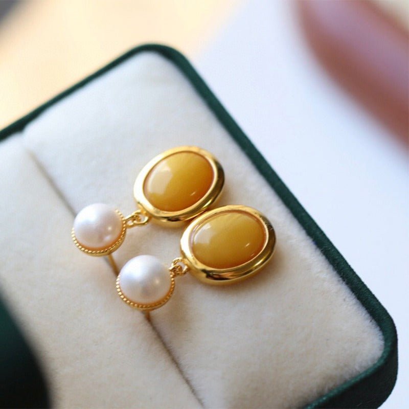 Sheehas Feng Shui Natural Amber and Pearls Sterling Silver 18K Gold Plated Earrings - 我的商店 -