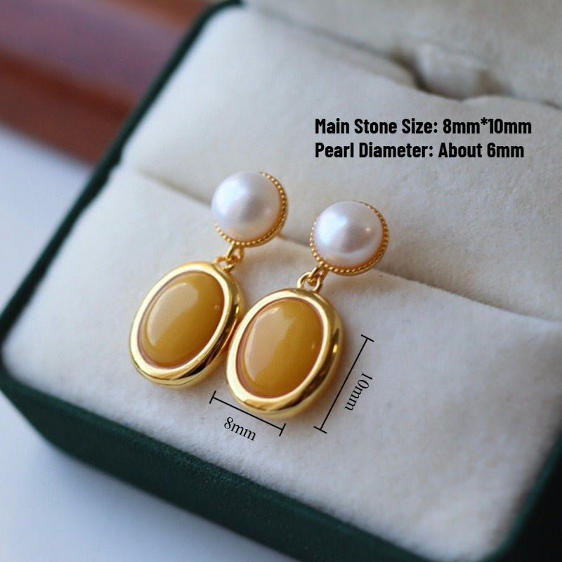 Sheehas Feng Shui Natural Amber and Pearls Sterling Silver 18K Gold Plated Earrings - 我的商店 -