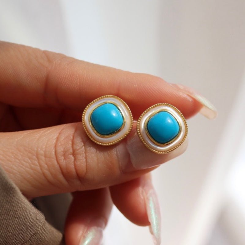 Sheehas Feng Shui Turquoise & White Nacre Sterling Silver 18K Gold Plated Square Cabochon Stud Earrings - Light Up the Lucky Light - 我的商店 -