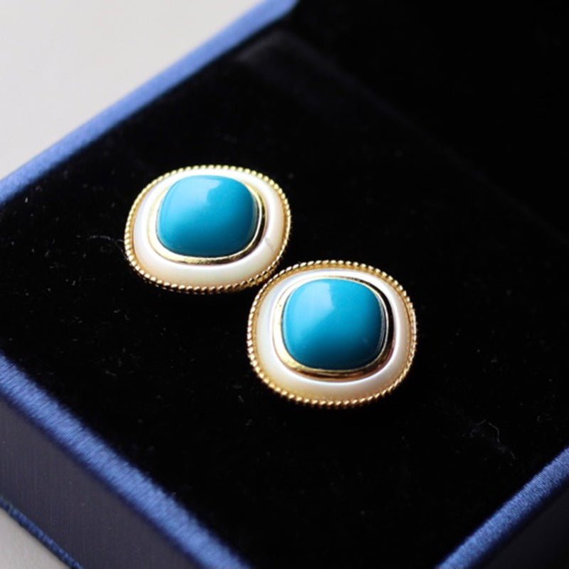 Sheehas Feng Shui Turquoise & White Nacre Sterling Silver 18K Gold Plated Square Cabochon Stud Earrings - Light Up the Lucky Light - 我的商店 -
