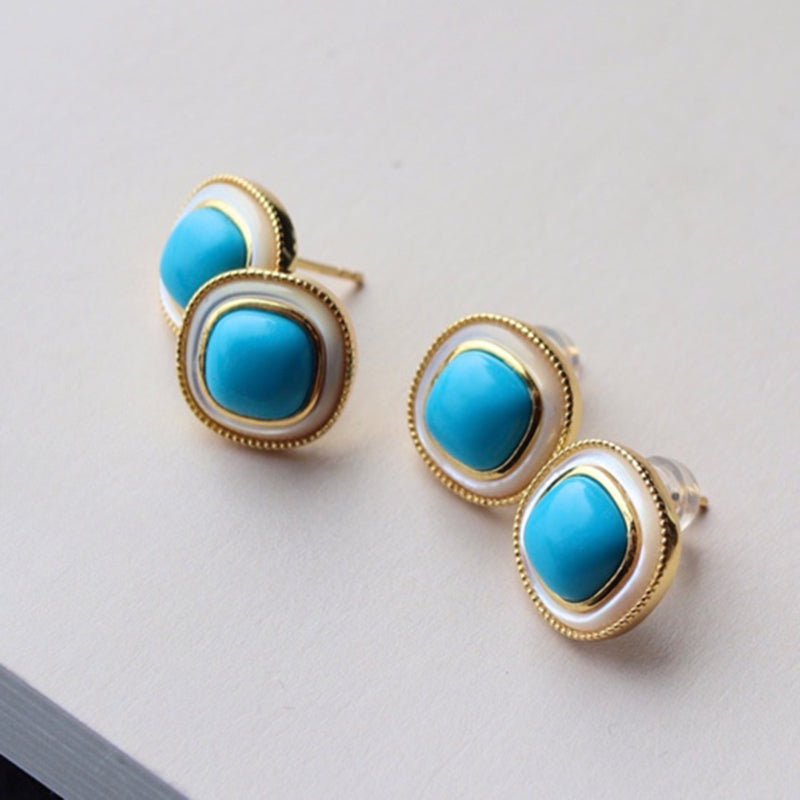 Sheehas Feng Shui Turquoise & White Nacre Sterling Silver 18K Gold Plated Square Cabochon Stud Earrings - Light Up the Lucky Light - 我的商店 -