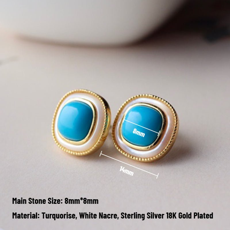 Sheehas Feng Shui Turquoise & White Nacre Sterling Silver 18K Gold Plated Square Cabochon Stud Earrings - Light Up the Lucky Light - 我的商店 -