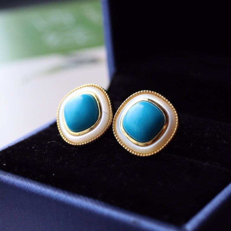 Sheehas Feng Shui Turquoise & White Nacre Sterling Silver 18K Gold Plated Square Cabochon Stud Earrings - Light Up the Lucky Light - 我的商店 -
