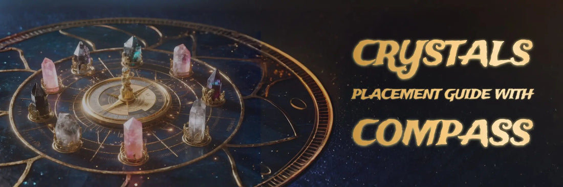 Eight different crystals stand on a golden feng shui compass, surrounded by a vast deep blue starry sky. In the upper right corner, the text reads: "crystals placement guide with compass".