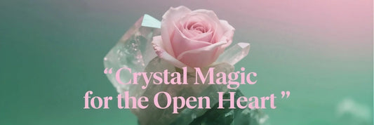 This is an article banner image. A pink rose blooming on a rose quartz stone, with slogan: crystal magic for the open heart. Article title is how to use crystals for love and relationship healing.