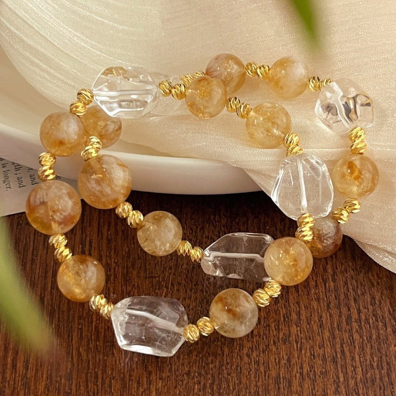 Sheehas Feng Shui Natural Citrine and White Crystal Maillard-style Retro Elastic Bracelet