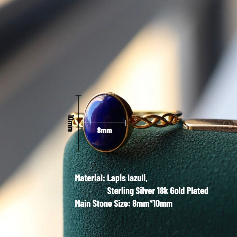 Sheehas Feng Shui Natural Lapis Lazuli Sterling Silver 18K Plated Gold Imperial Adjustable Ring