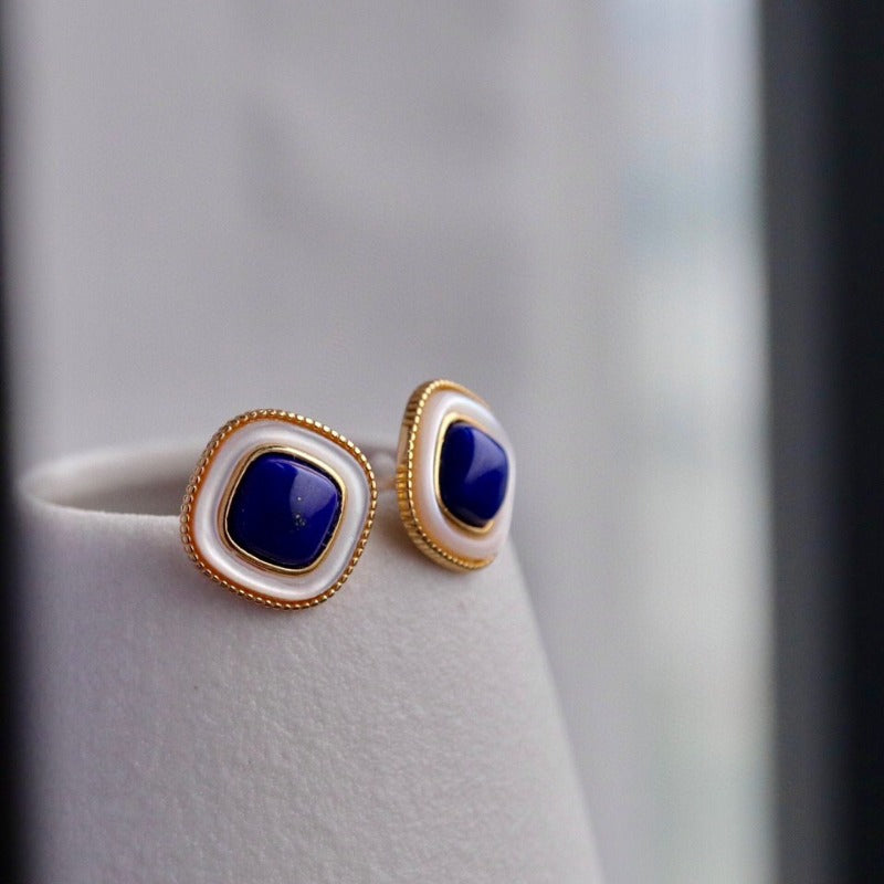 Sheehas Natural Lapis Lazuli White Nacre Embellished Sterling Silver 18K Gold Plated Square Stud Earrings