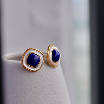 Sheehas Natural Lapis Lazuli White Nacre Embellished Sterling Silver 18K Gold Plated Square Stud Earrings