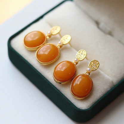 Sheehas Feng Shui Natural Amber & White Nacre Sterling Silver 18K Gold Plated Oval Cabochon Dangel Earrings - Fortune Gathering