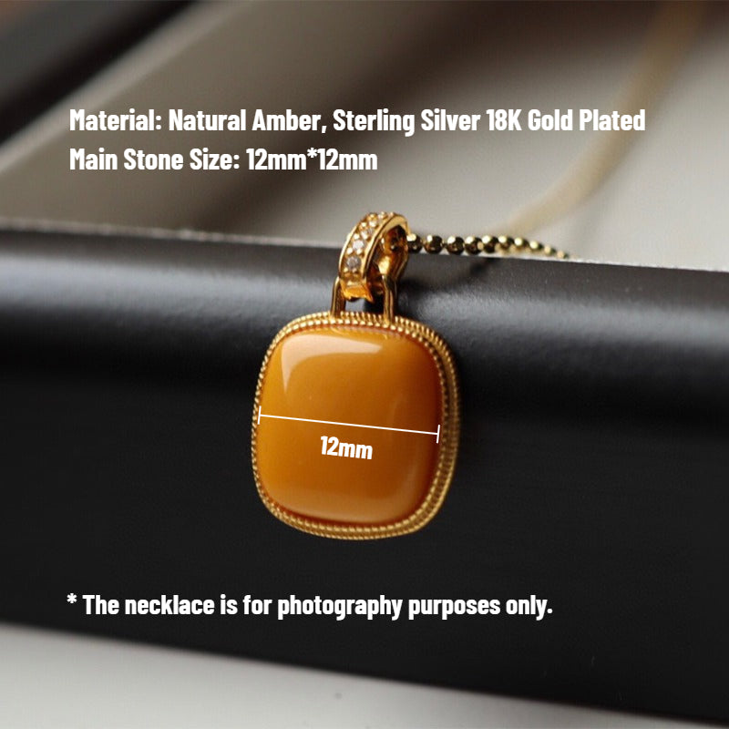Sheehas Feng Shui Natural Amber Sterling Silver 18K Gold Plated Energy Healing Square Pendant