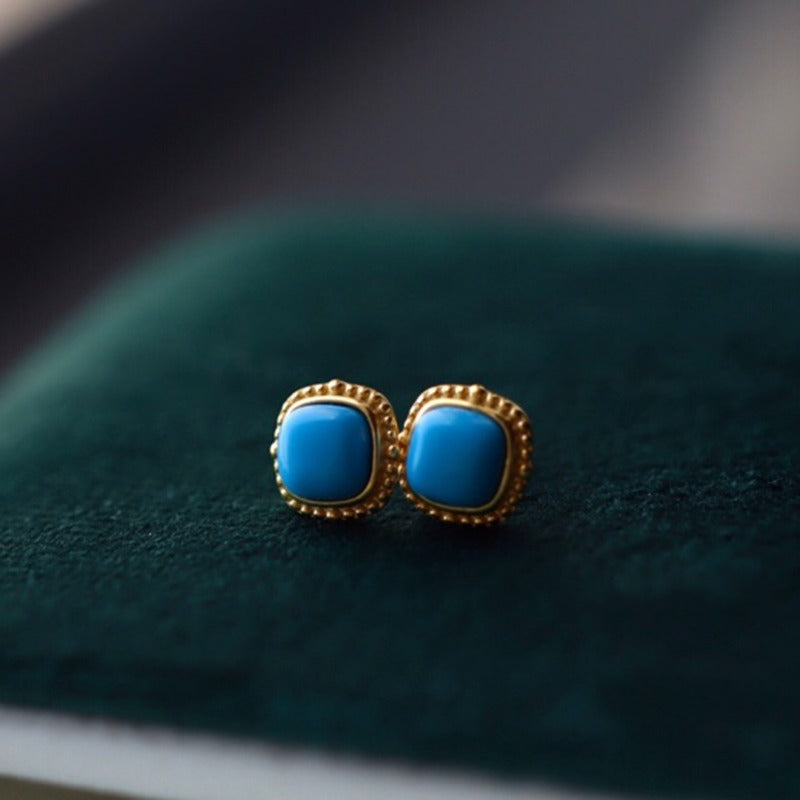 Sheehas Feng Shui Natural Turquoise Sterling Silver 18K Gold Plated Small Square Stud Earrings