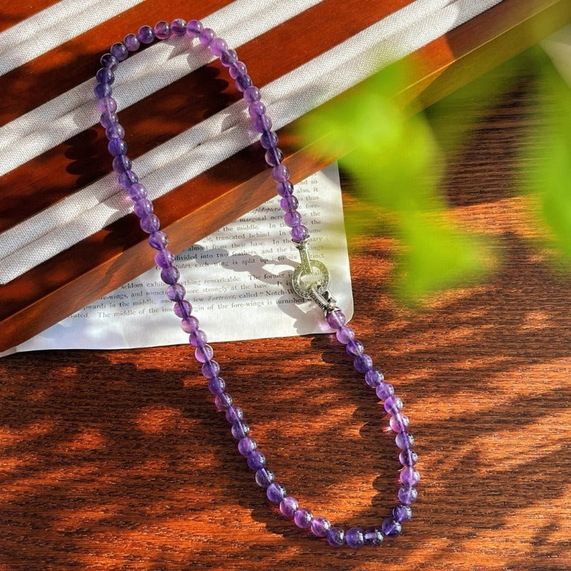 Sheehas Feng Shui Natural Amethyst Round Bead Crystal Healing Necklace