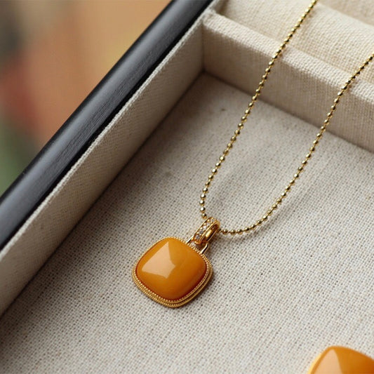 Sheehas Feng Shui Natural Amber Sterling Silver 18K Gold Plated Energy Healing Square Pendant