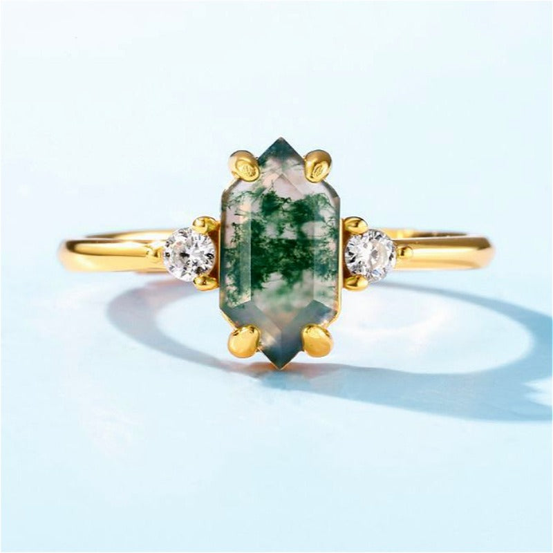 Bague ouverte ajustable en argent sterling et agate mousse, sertie de griffes hexagonales, style rétro (plaqué platine/or)