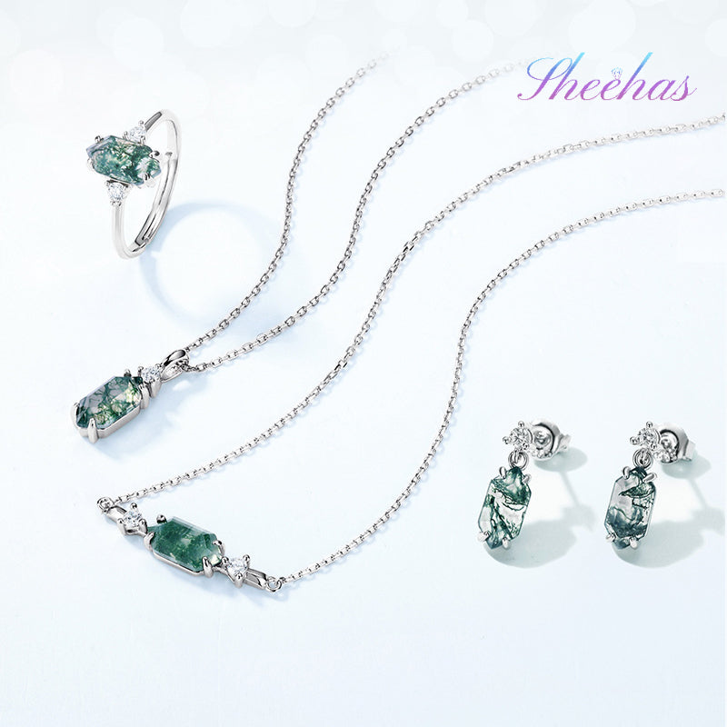 Moss Agate Sterling Silver Hexagon Prong-setting Retro Jewelry Set ( 6 Combinations Available)