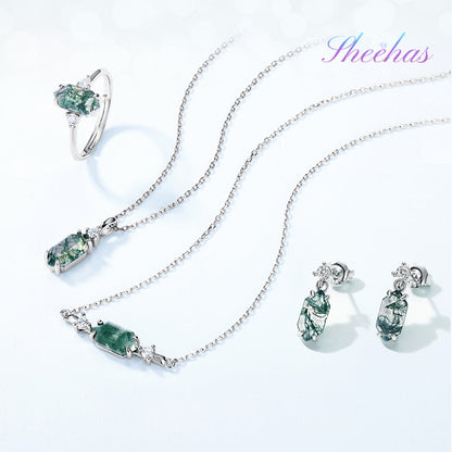 Moss Agate Sterling Silver Hexagon Prong-setting Retro Jewelry Set ( 6 Combinations Available)