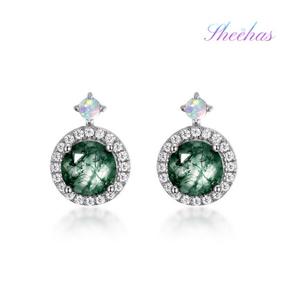 Luxurious Moss Agate Sterling Silver Round-cut and Diamond-surrounded Stud Earrings