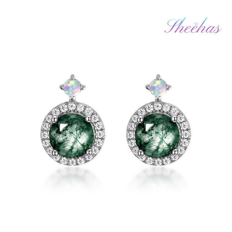 Luxurious Moss Agate Sterling Silver Round-cut and Diamond-surrounding Jewelry Set