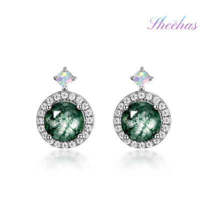 Luxurious Moss Agate Sterling Silver Round-cut and Diamond-surrounding Jewelry Set